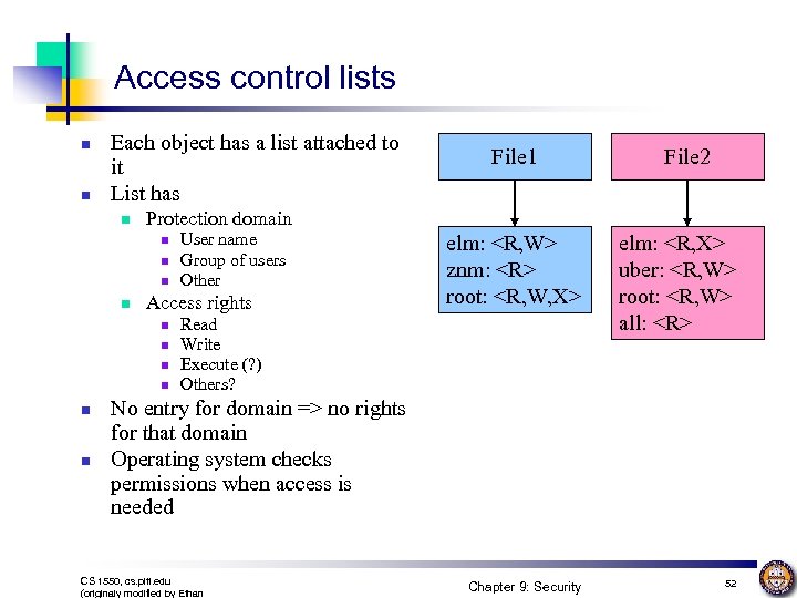 Access control lists n n Each object has a list attached to it List