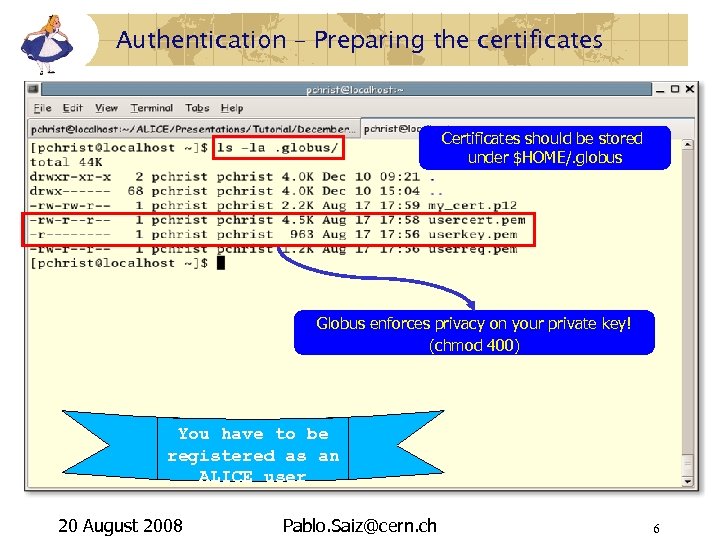 Authentication – Preparing the certificates Certificates should be stored under $HOME/. globus Globus enforces