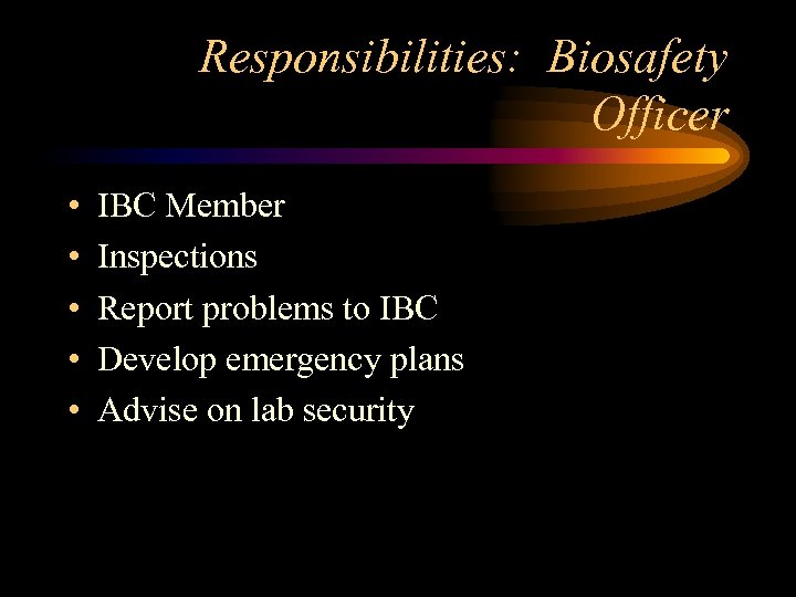 Responsibilities: Biosafety Officer • • • IBC Member Inspections Report problems to IBC Develop