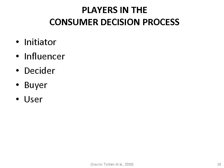 PLAYERS IN THE CONSUMER DECISION PROCESS • • • Initiator Influencer Decider Buyer User