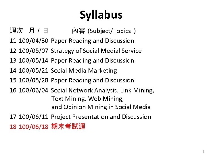 Syllabus 週次 月／日 內容（ Subject/Topics） 11 100/04/30 Paper Reading and Discussion 12 100/05/07 Strategy