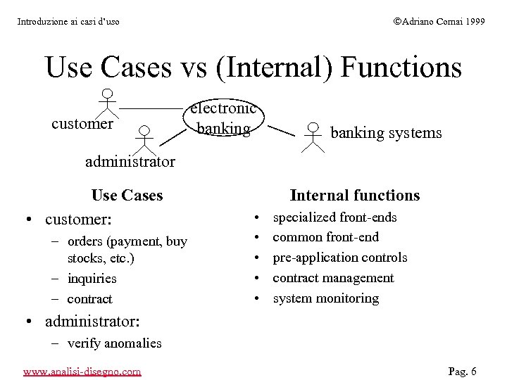 ÓAdriano Comai 1999 Introduzione ai casi d’uso Use Cases vs (Internal) Functions customer electronic