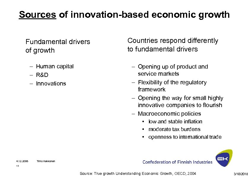 Sources of innovation-based economic growth Fundamental drivers of growth – Human capital – R&D