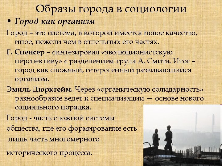 Образы города в социологии • Город как организм Город – это система, в которой