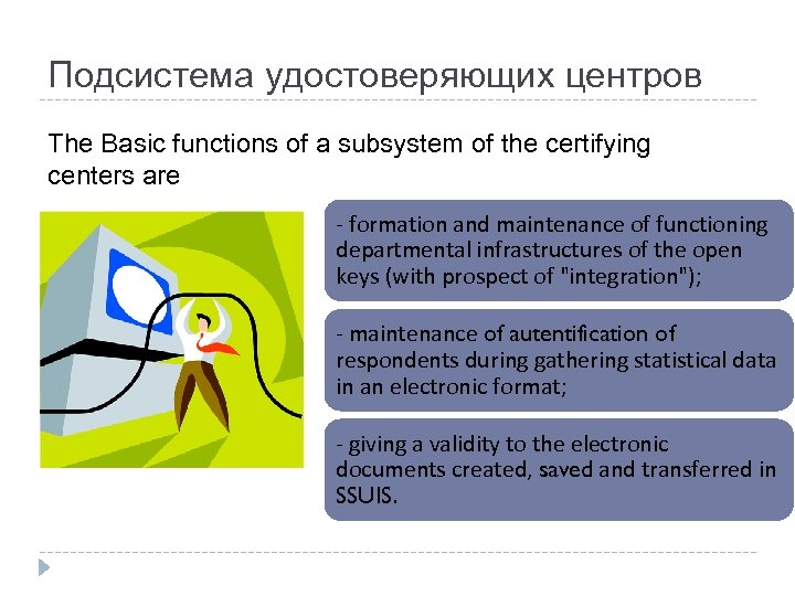 Подсистема удостоверяющих центров The Basic functions of a subsystem of the certifying centers are