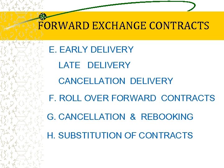 FORWARD EXCHANGE CONTRACTS E. EARLY DELIVERY LATE DELIVERY CANCELLATION DELIVERY F. ROLL OVER FORWARD