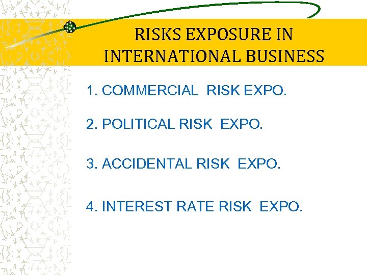 RISKS EXPOSURE IN INTERNATIONAL BUSINESS 1. COMMERCIAL RISK EXPO. 2. POLITICAL RISK EXPO. 3.