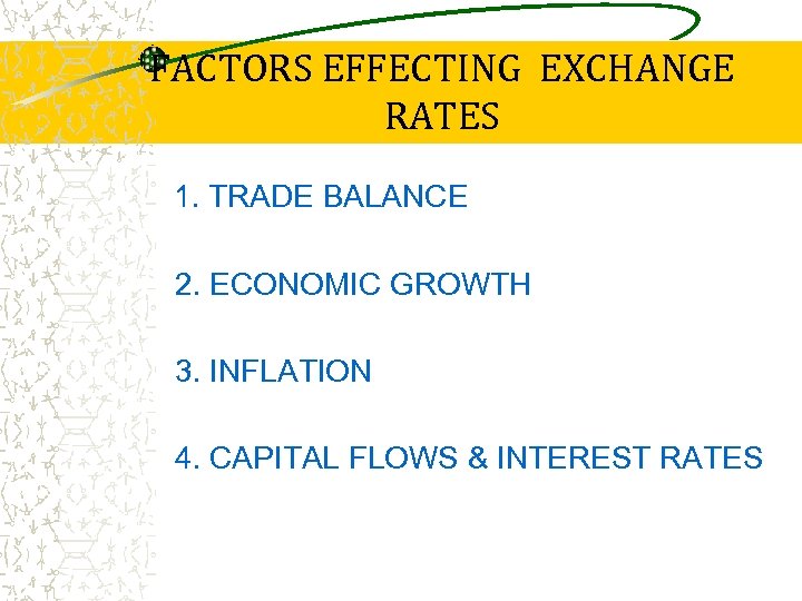 FACTORS EFFECTING EXCHANGE RATES 1. TRADE BALANCE 2. ECONOMIC GROWTH 3. INFLATION 4. CAPITAL