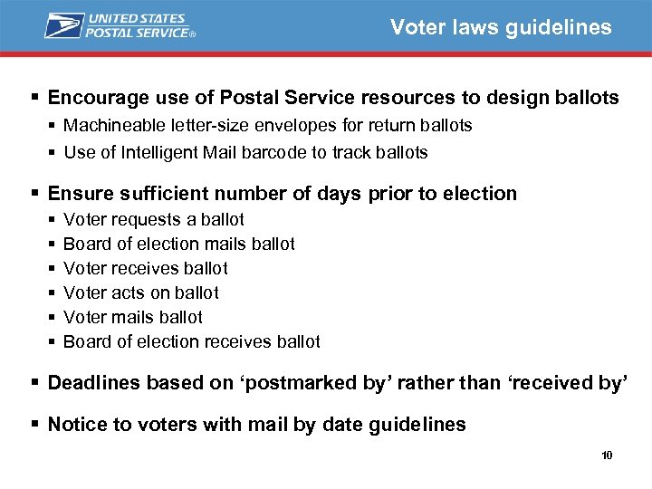 Voter laws guidelines § Encourage use of Postal Service resources to design ballots §