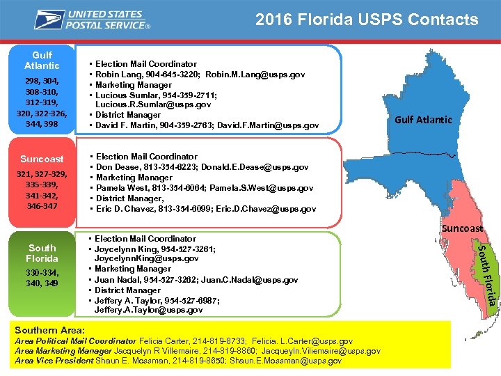 2016 Florida USPS Contacts Gulf Atlantic 298, 304, 308 -310, 312 -319, 320, 322