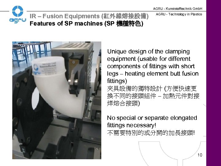 AGRU - Kunststofftechnik Gmb. H IR – Fusion Equipments (紅外線熔接設備) Features of SP machines