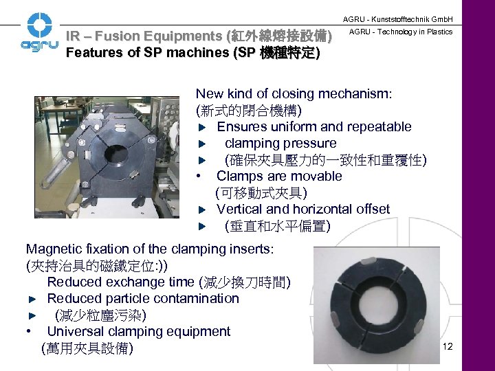 AGRU - Kunststofftechnik Gmb. H IR – Fusion Equipments (紅外線熔接設備) Features of SP machines