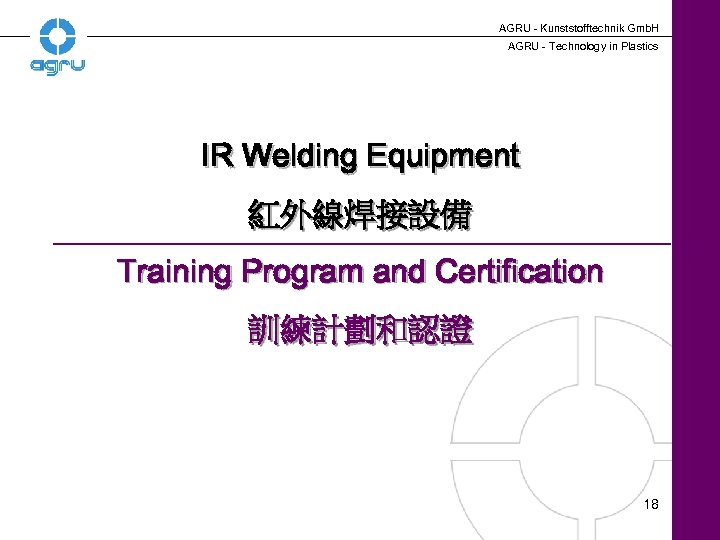 AGRU - Kunststofftechnik Gmb. H AGRU - Technology in Plastics IR Welding Equipment 紅外線焊接設備