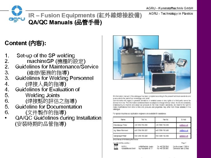 AGRU - Kunststofftechnik Gmb. H IR – Fusion Equipments (紅外線熔接設備) QA/QC Manuals (品管手冊) AGRU