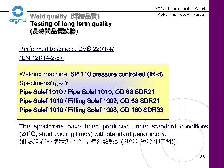 AGRU - Kunststofftechnik Gmb. H Weld quality (焊接品質) Testing of long term quality (長時間品質試驗)