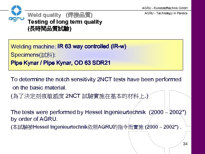 AGRU - Kunststofftechnik Gmb. H Weld quality (焊接品質) Testing of long term quality (長時間品質試驗)