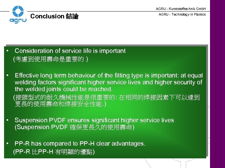 AGRU - Kunststofftechnik Gmb. H Conclusion 結論 AGRU - Technology in Plastics • Consideration