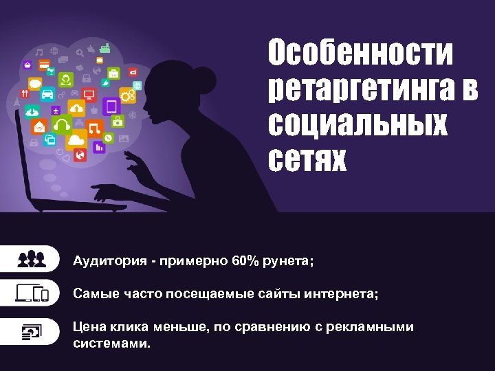 Особенности ретаргетинга в социальных сетях Аудитория - примерно 60% рунета; Самые часто посещаемые сайты