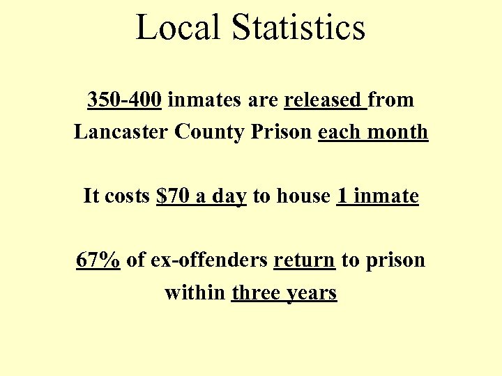 Local Statistics 350 -400 inmates are released from Lancaster County Prison each month It