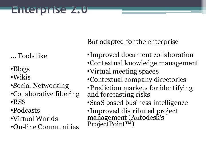 Enterprise 2. 0 But adapted for the enterprise • Improved document collaboration • Contextual