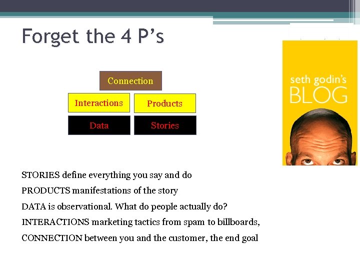 Forget the 4 P’s Connection Interactions Products Data Stories STORIES define everything you say