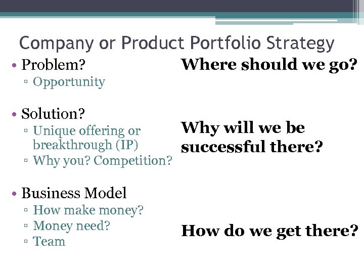 Company or Product Portfolio Strategy • Problem? ▫ Opportunity • Solution? ▫ Unique offering