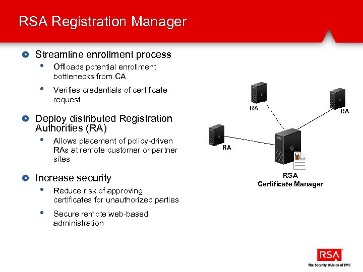 RSA Registration Manager Streamline enrollment process • Offloads potential enrollment bottlenecks from CA •