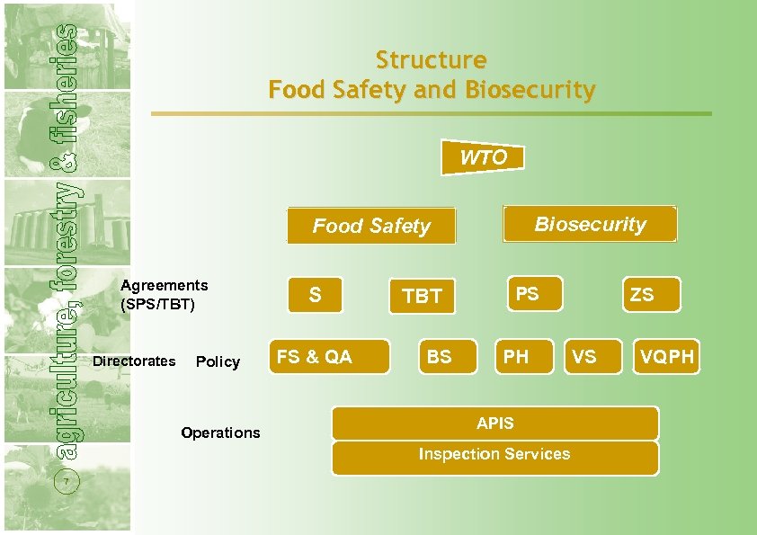 Structure Food Safety and Biosecurity WTO Biosecurity Food Safety Agreements (SPS/TBT) Directorates Policy Operations