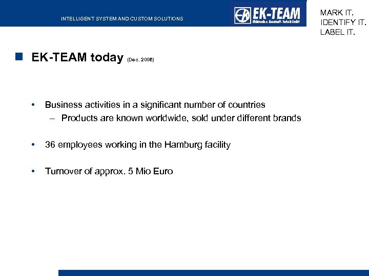 INTELLIGENT SYSTEM AND CUSTOM SOLUTIONS EK-TEAM today (Dec. 2006) • Business activities in a