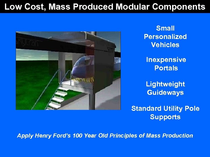 Low Cost, Mass Produced Modular Components Small Personalized Vehicles Inexpensive Portals Lightweight Guideways Standard
