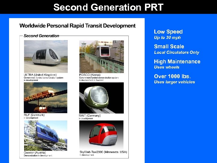 Second Generation PRT Low Speed Up to 30 mph Small Scale Local Circulators Only