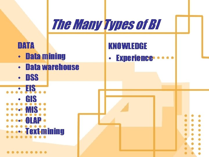 The Many Types of BI DATA • Data mining • Data warehouse • DSS