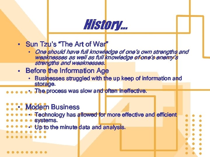 History… • Sun Tzu’s “The Art of War” • One should have full knowledge