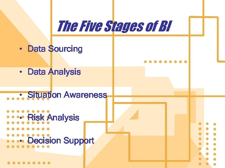 The Five Stages of BI • Data Sourcing • Data Analysis • Situation Awareness
