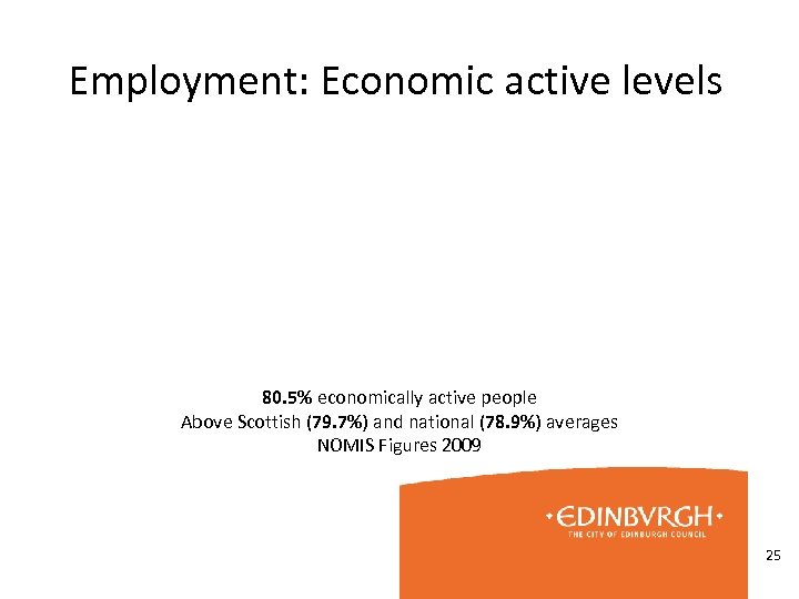 Employment: Economic active levels 80. 5% economically active people Above Scottish (79. 7%) and