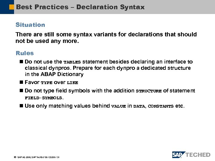 Best Practices – Declaration Syntax Situation There are still some syntax variants for declarations