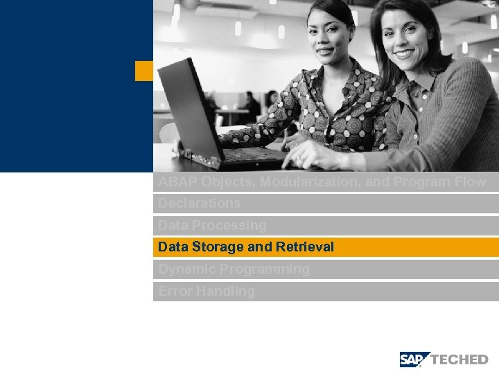 ABAP Objects, Modularization, and Program Flow Declarations Data Processing Data Storage and Retrieval Dynamic