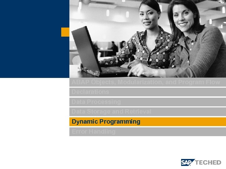 ABAP Objects, Modularization, and Program Flow Declarations Data Processing Data Storage and Retrieval Dynamic
