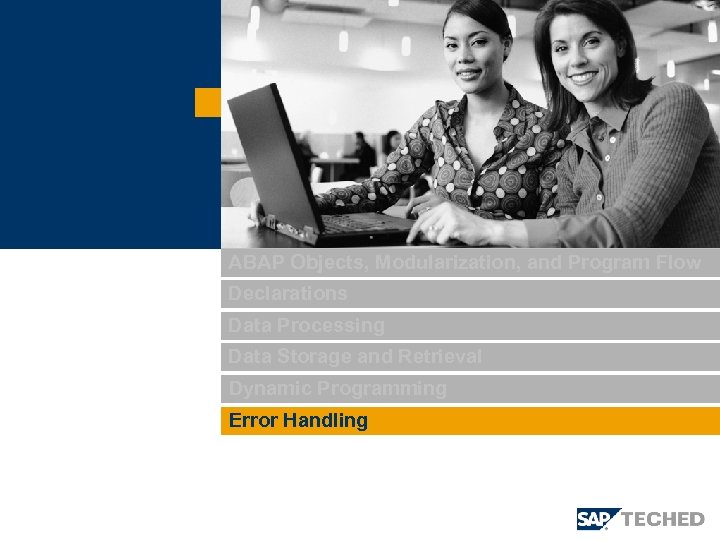ABAP Objects, Modularization, and Program Flow Declarations Data Processing Data Storage and Retrieval Dynamic