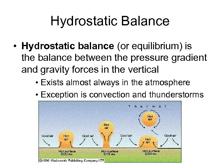 Hydrostatic Balance • Hydrostatic balance (or equilibrium) is the balance between the pressure gradient