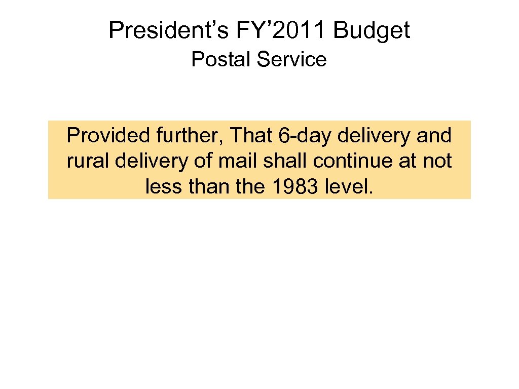 President’s FY’ 2011 Budget Postal Service Provided further, That 6 -day delivery and rural