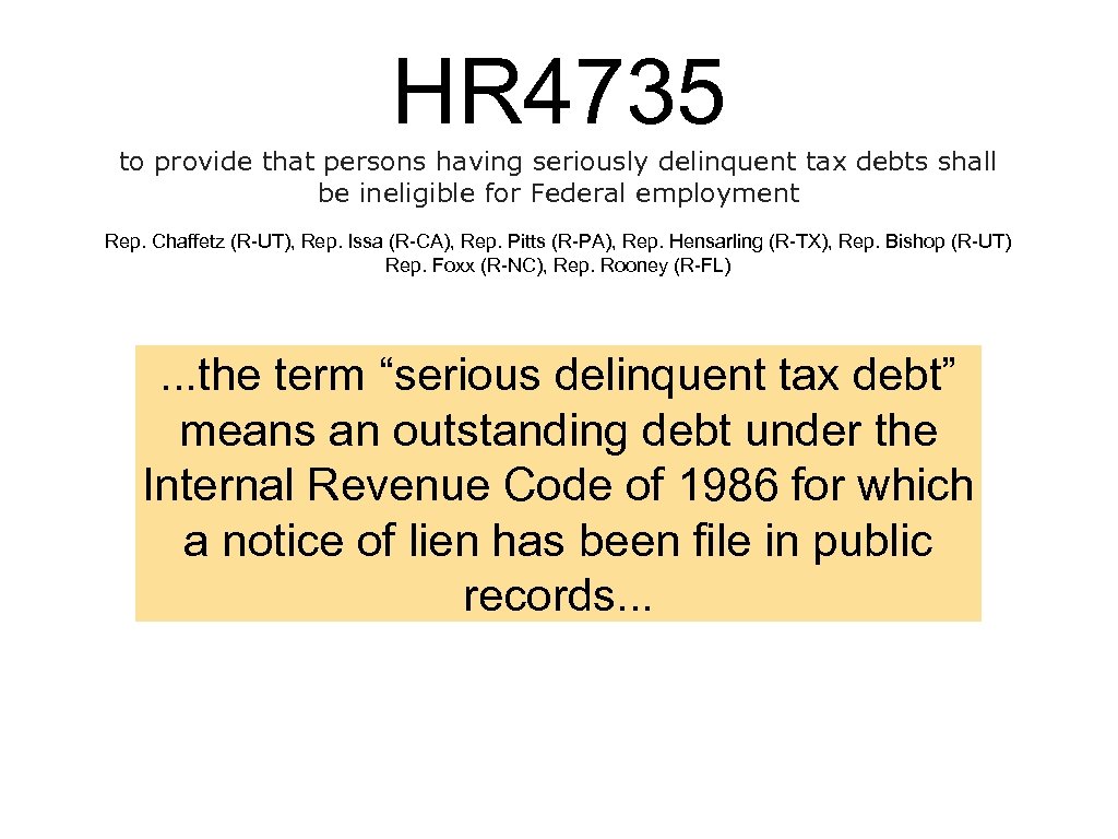 HR 4735 to provide that persons having seriously delinquent tax debts shall be ineligible