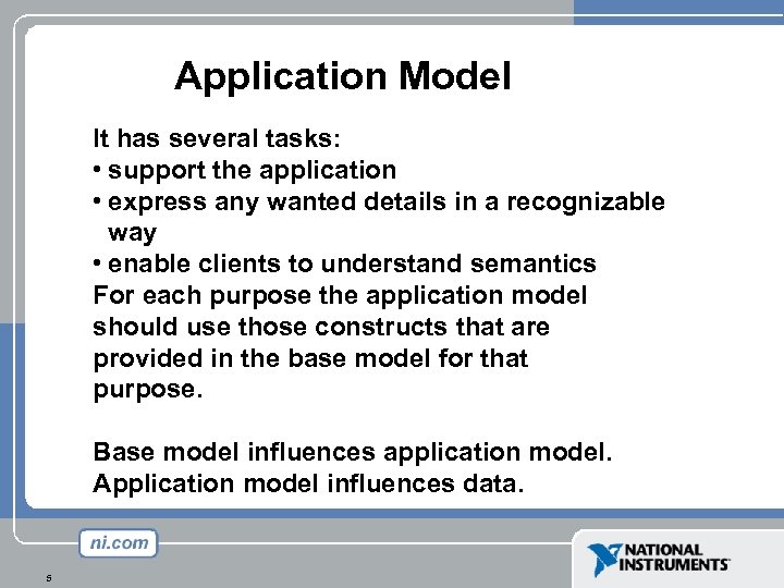 Application Model It has several tasks: • support the application • express any wanted