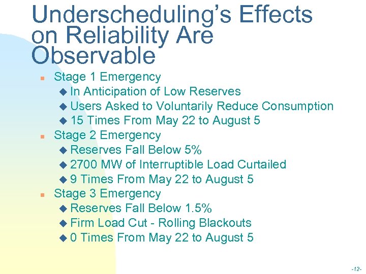 Underscheduling’s Effects on Reliability Are Observable n n n Stage 1 Emergency u In