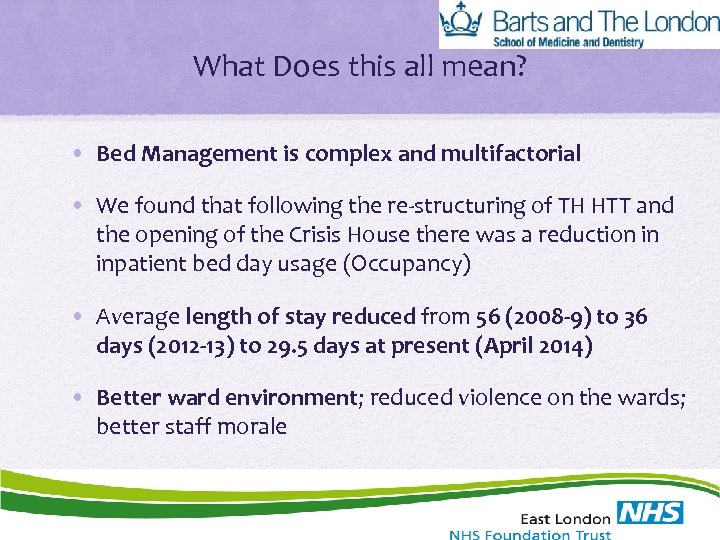 What Does this all mean? • Bed Management is complex and multifactorial • We