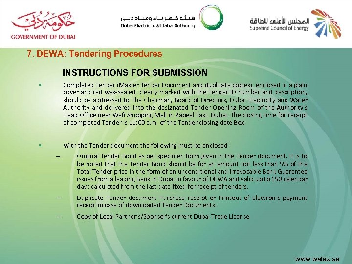 7. DEWA: Tendering Procedures INSTRUCTIONS FOR SUBMISSION § Completed Tender (Master Tender Document and