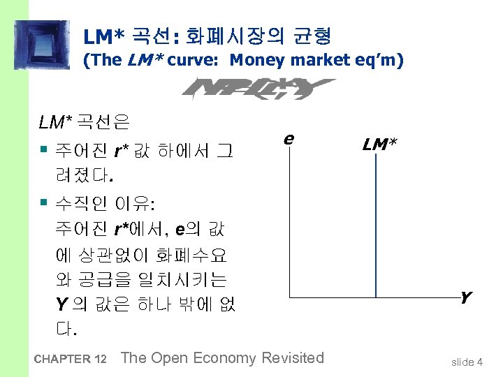 LM* 곡선: 화폐시장의 균형 (The LM* curve: Money market eq’m) LM* 곡선은 § 주어진