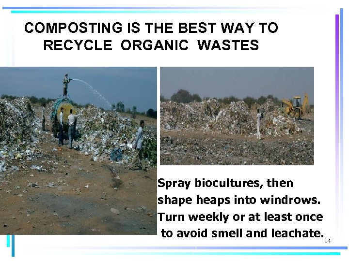 COMPOSTING IS THE BEST WAY TO RECYCLE ORGANIC WASTES Spray biocultures, then shape heaps