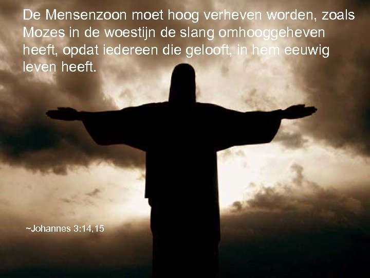 De Mensenzoon moet hoog verheven worden, zoals Mozes in de woestijn de slang omhooggeheven