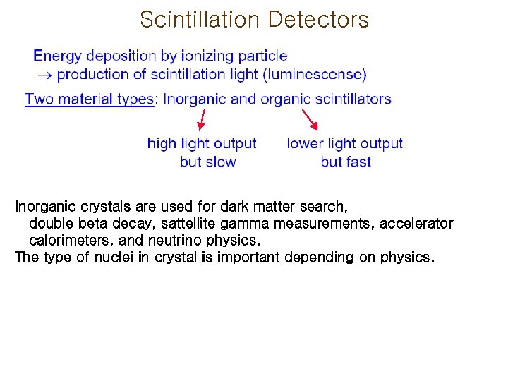 Scintillation Detectors Inorganic crystals are used for dark matter search, double beta decay, sattellite